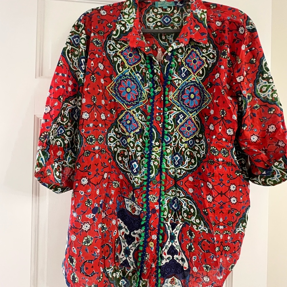 Anthropologie Red Patterned Blouse cotton size xl